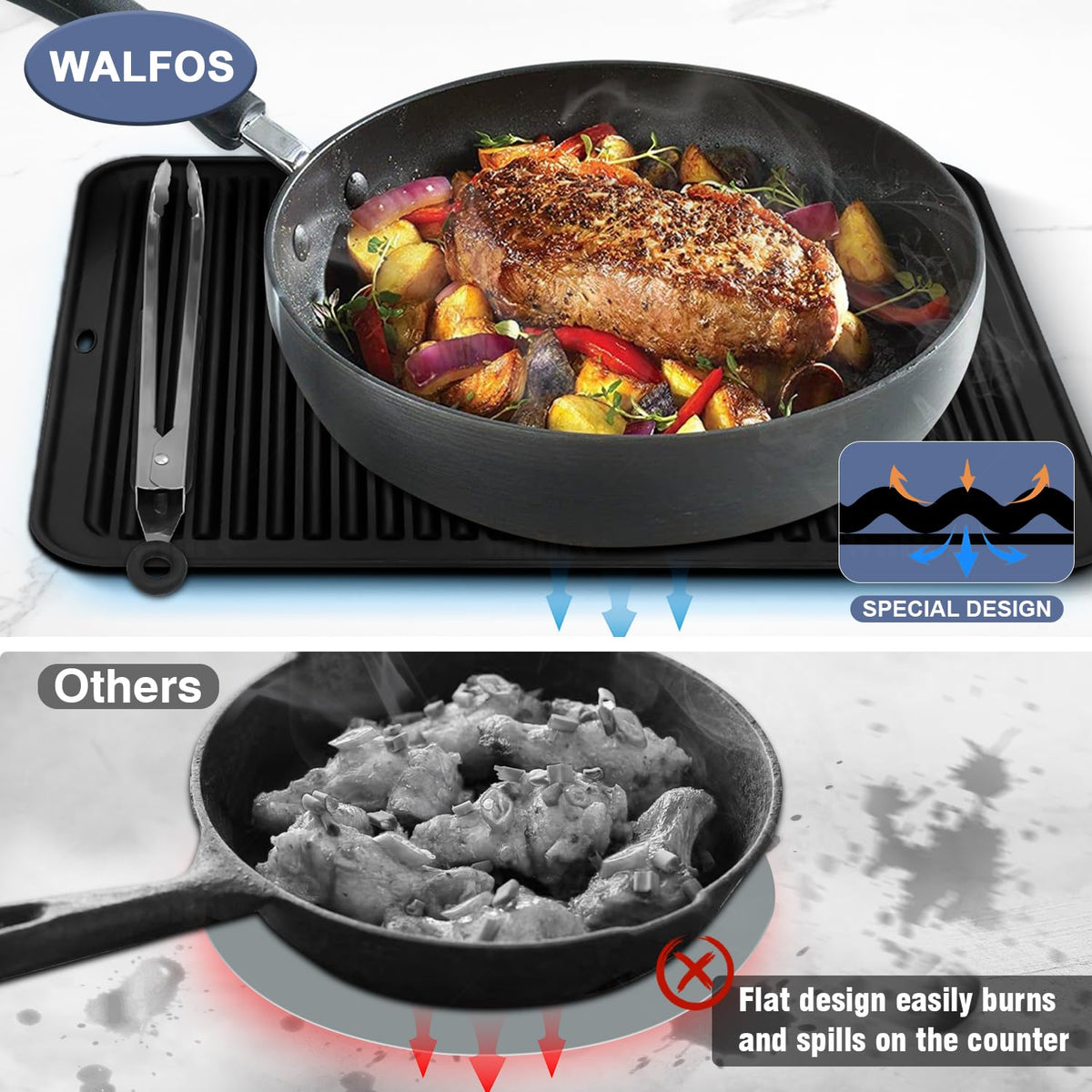 Walfos foldable silicone grip is safe for oven and microwave use.