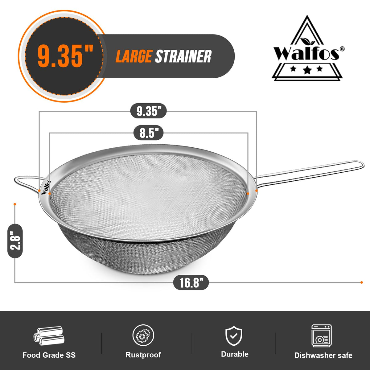 Walfos large strainer with sealed rim prevents food from slipping