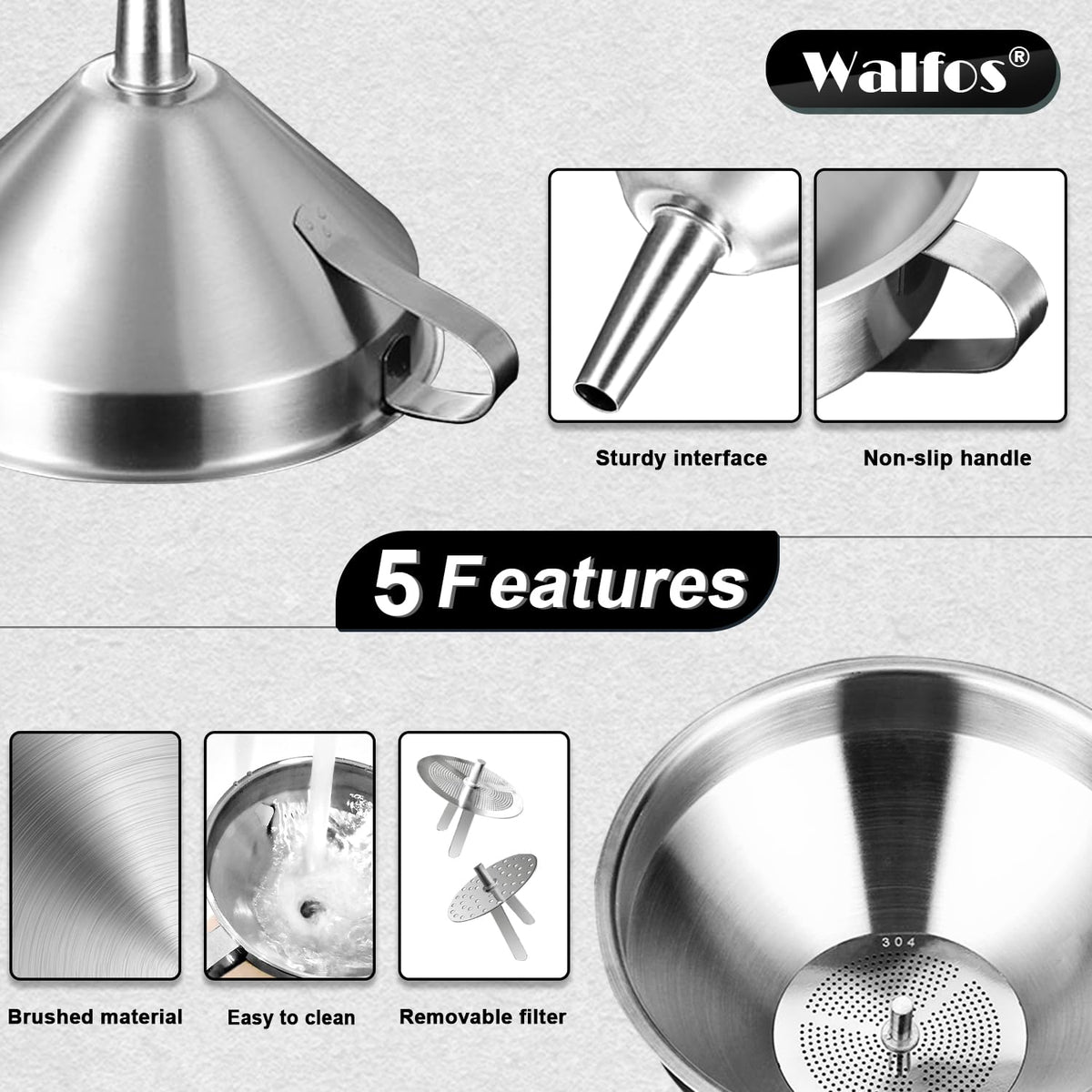 Walfos stackable funnel set storing neatly in cabinet