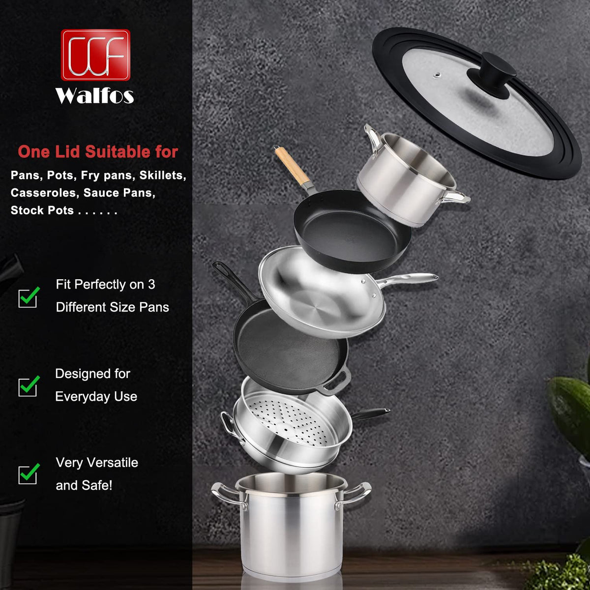 Walfos universal lid on 12-inch pan demonstrating moisture retention