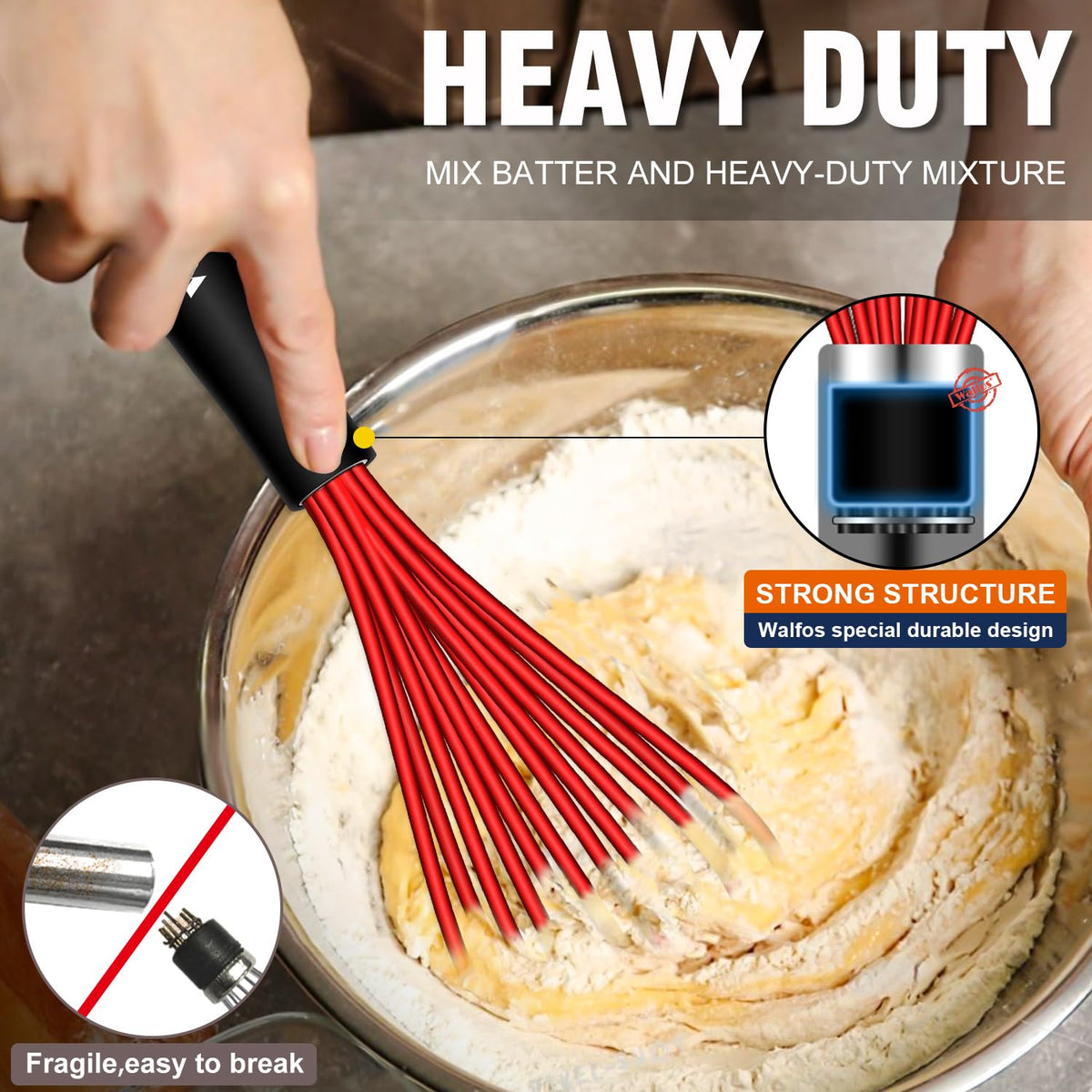 Walfos 7-inch blue silicone whisk for gentle whisking and aeration