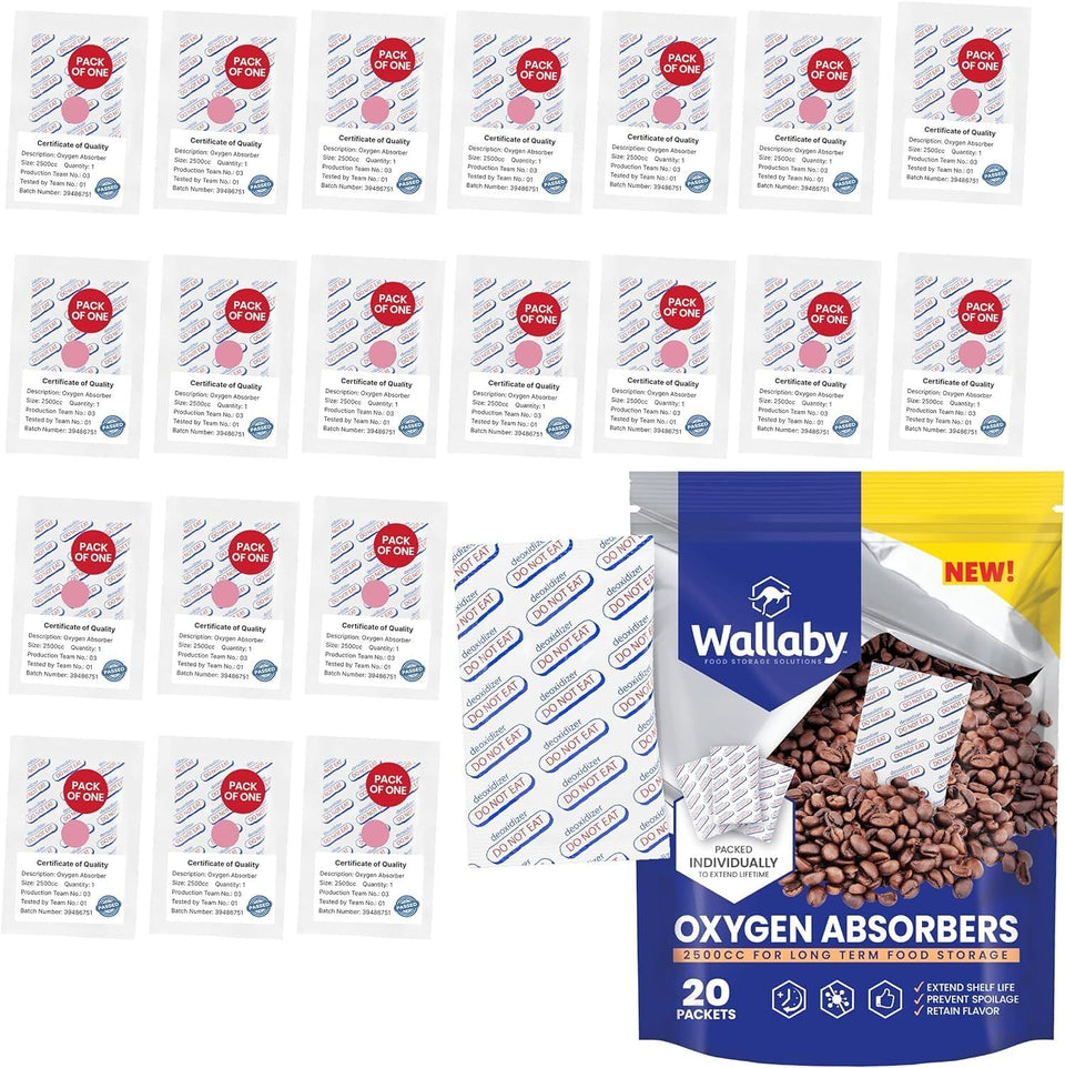 Wallaby 2500cc oxygen absorber single-pack shown for long-term storage in Mylar bags