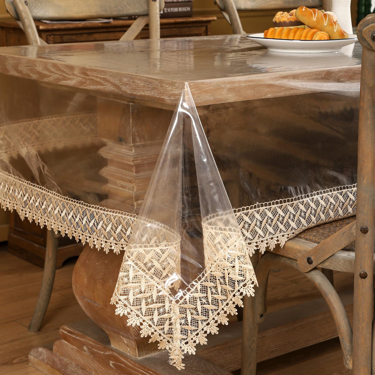 Walrus clear tablecloth with edge lace protects surfaces while adding elegance.