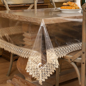 Walrus clear tablecloth with edge lace protects surfaces while adding elegance.