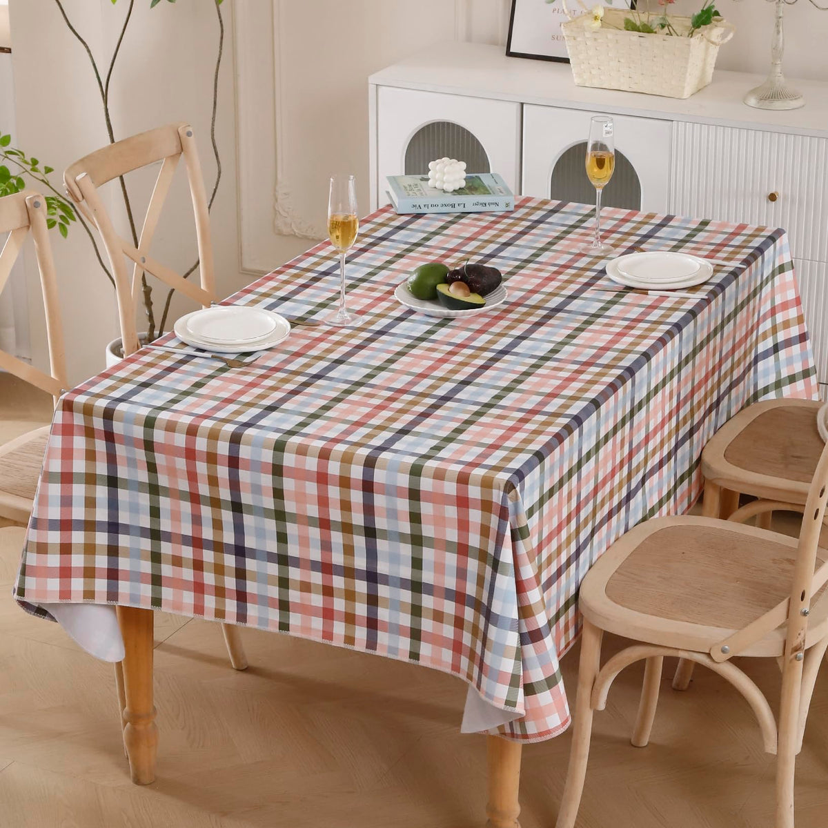 Walrus flannel-backed tablecloth with checkered design provides soft backing for meals