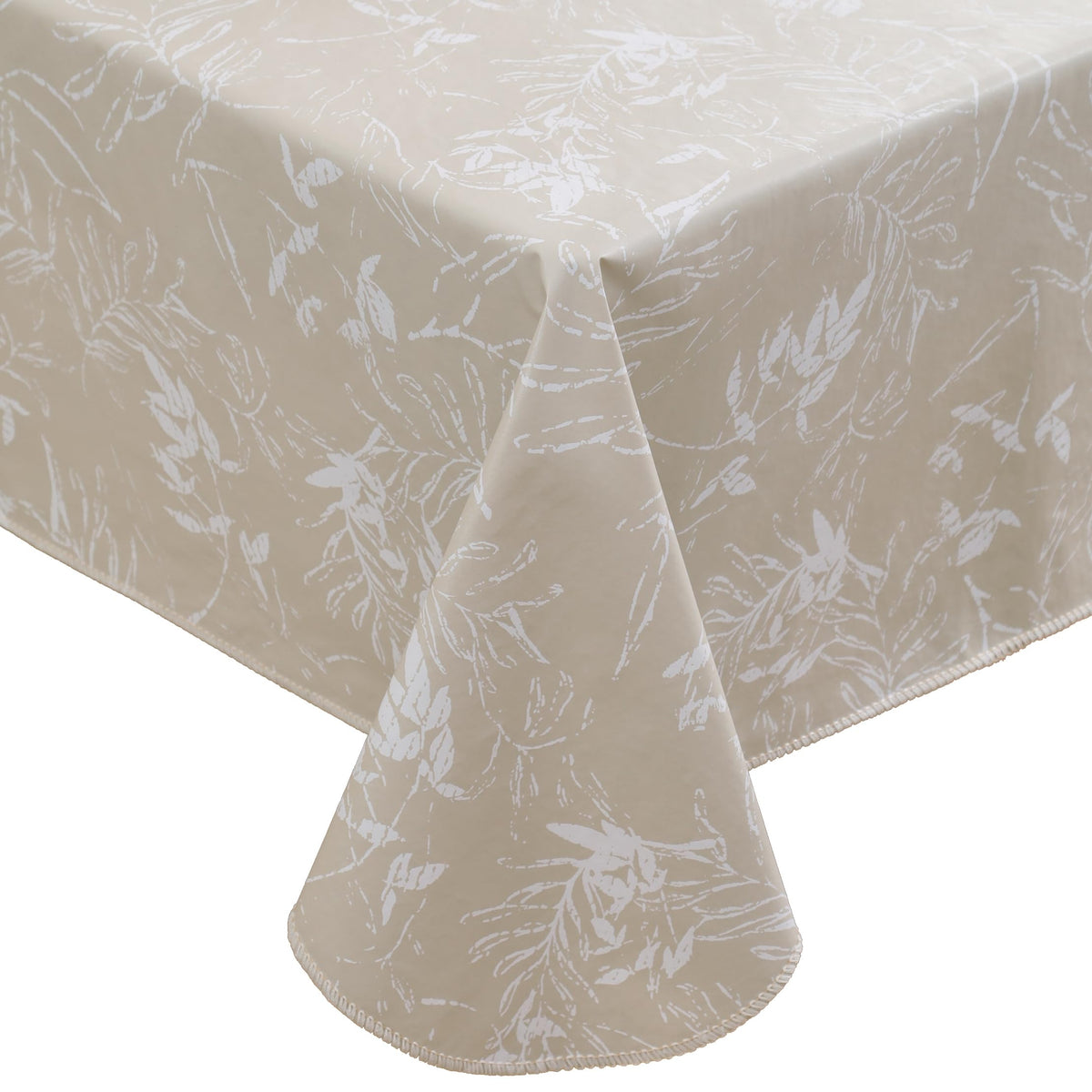 Walrus heavy-duty tablecloth in beige leaf protects surfaces during family meals.