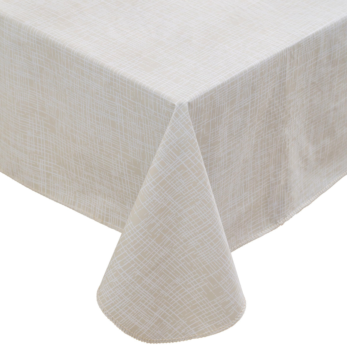 Walrus heavy duty vinyl tablecloth with flannel backing in beige striped protects tables from spills.