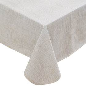 Walrus heavy duty vinyl tablecloth with flannel backing in beige striped protects tables from spills.