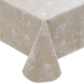 Walrus heavy-duty vinyl tablecloth with beige leaf pattern protects surfaces during meals.