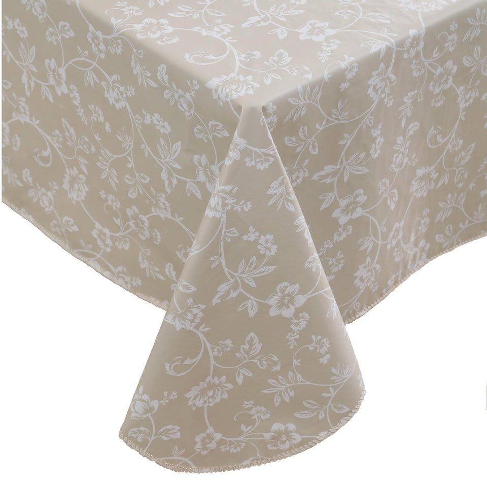 Walrus heavy-duty vinyl tablecloth with flannel backing in beige floral protects surfaces for indoor dining
