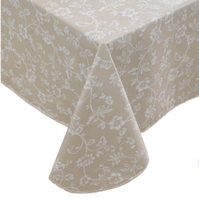 Walrus heavy-duty vinyl tablecloth with flannel backing in beige floral for sturdy protection.
