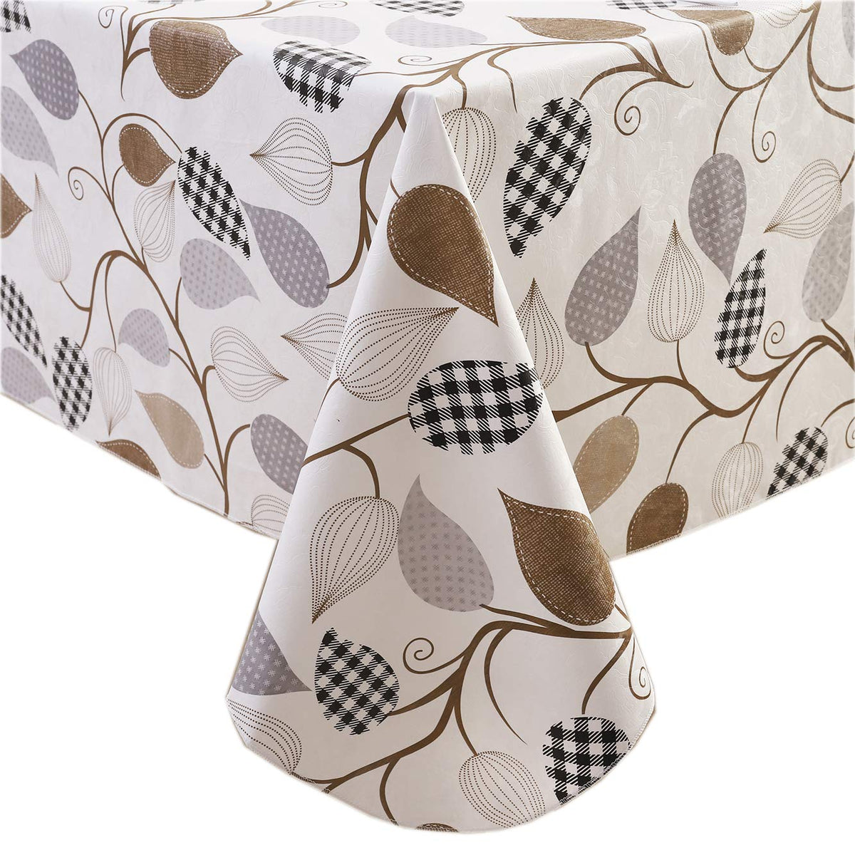 Walrus heavy-duty vinyl tablecloth with leaves pattern protects surfaces from spills and scratches.