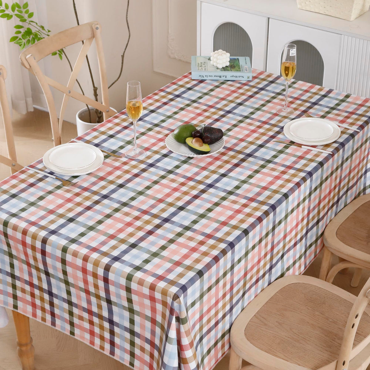 Walrus indoor-outdoor tablecloth with checkered pattern simplifies cleanup after meals