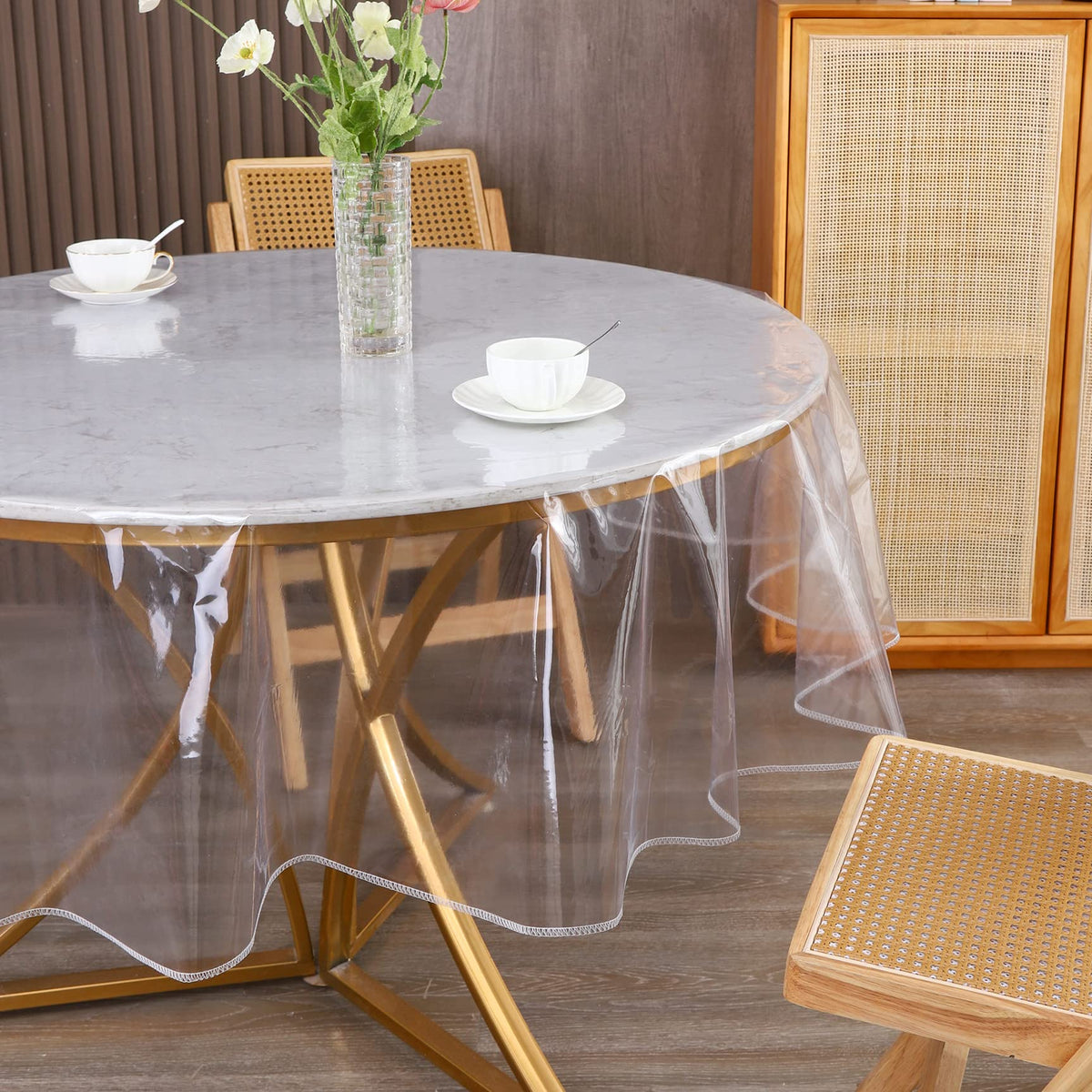 Walrus pvc clear tablecloth offers waterproof protection while showcasing natural wood
