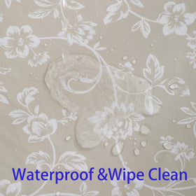 Walrus stain-resistant vinyl tablecloth in beige floral, ideal for family gatherings.