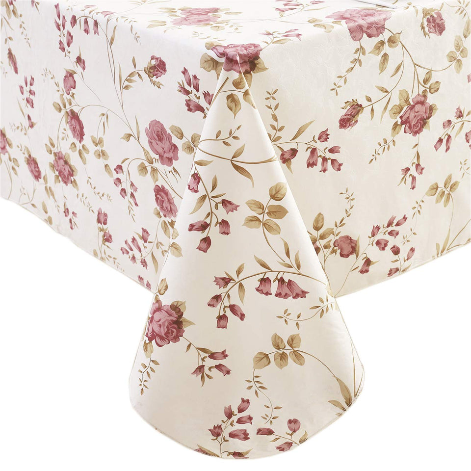 Walrus tablecloth with floral pattern protecting a 60x84 inch table from spills