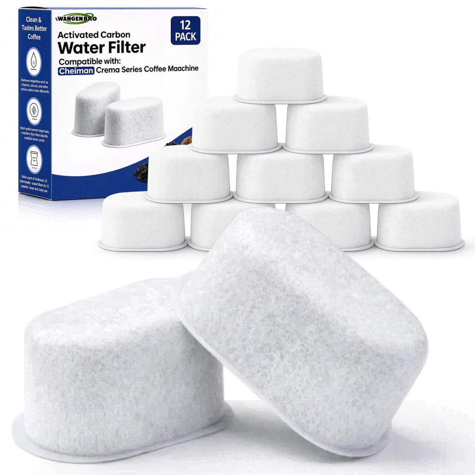Wangenbro 12-pack charcoal water filters packaged for Chefman compatibility, with improved flavor.