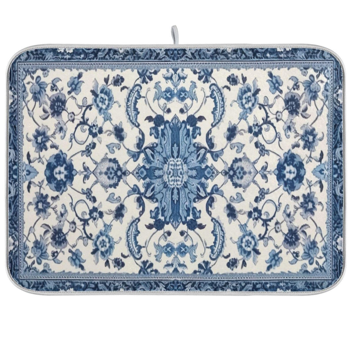 Wassud dish drying mat in blue-white pattern absorbs water to keep counters dry