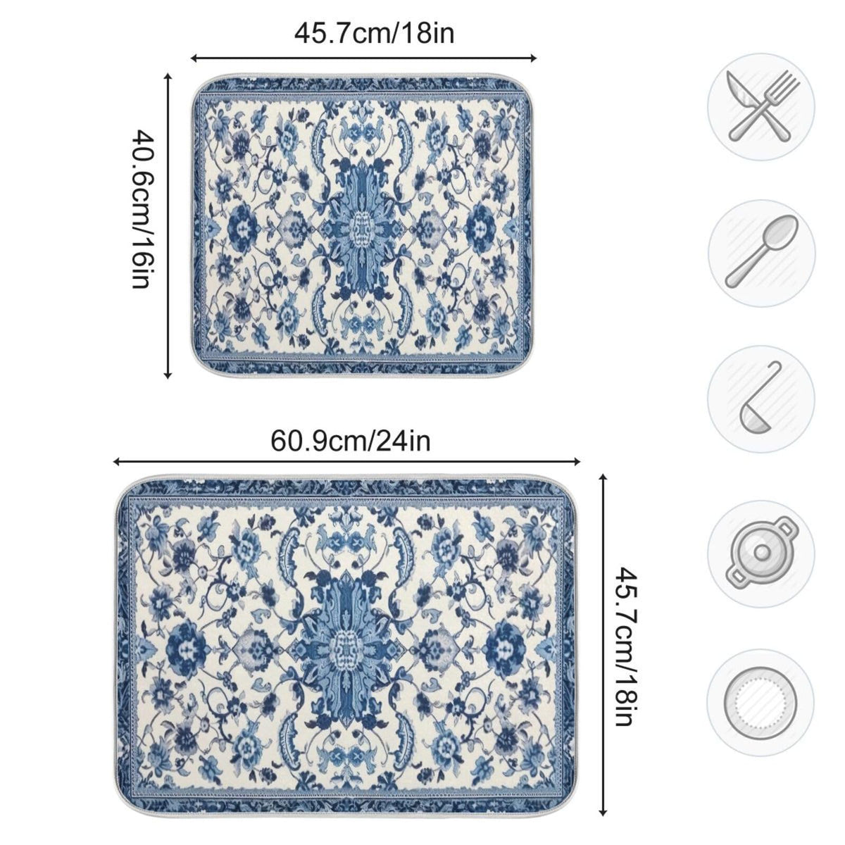Wassud dish drying mat blue-white pattern protects countertops from scratches and drips.