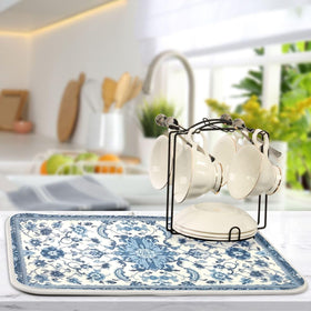 Wassud dish drying mat blue-white pattern features a hanging loop for easy drying.