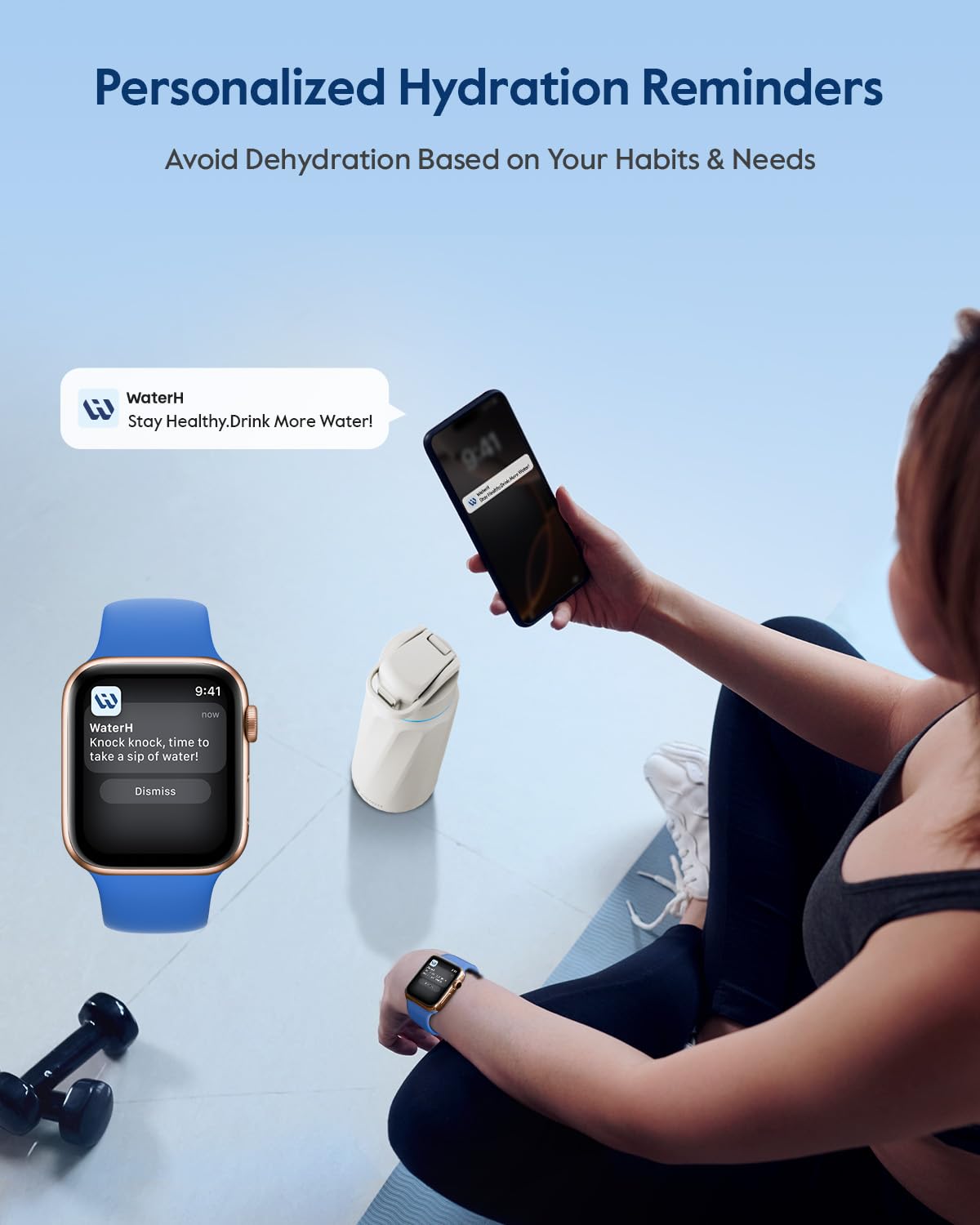 WATERH BOOST bottle lid with LED ring displaying hydration reminders.