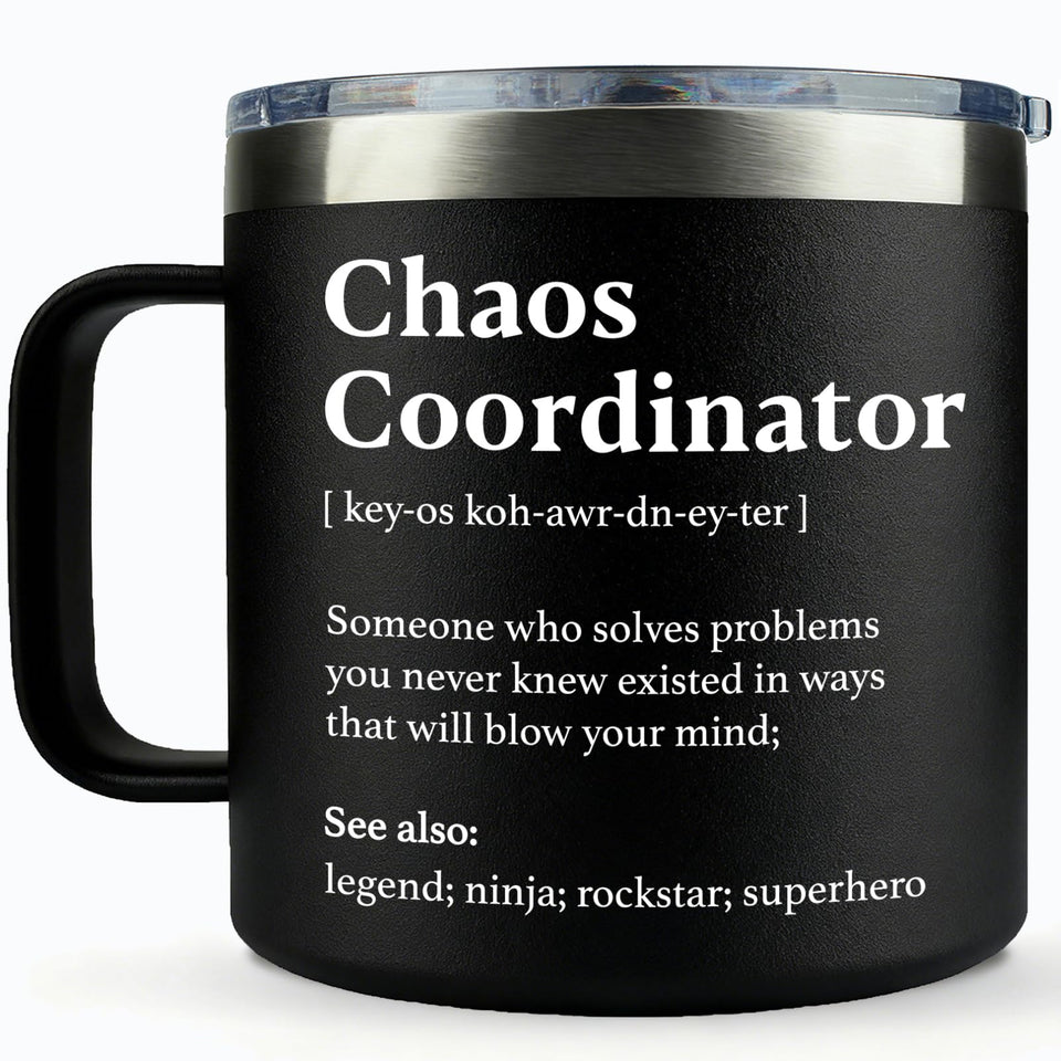 WECACYD Chaos Coordinator mug in black, 14oz, ideal desk companion for busy professionals.