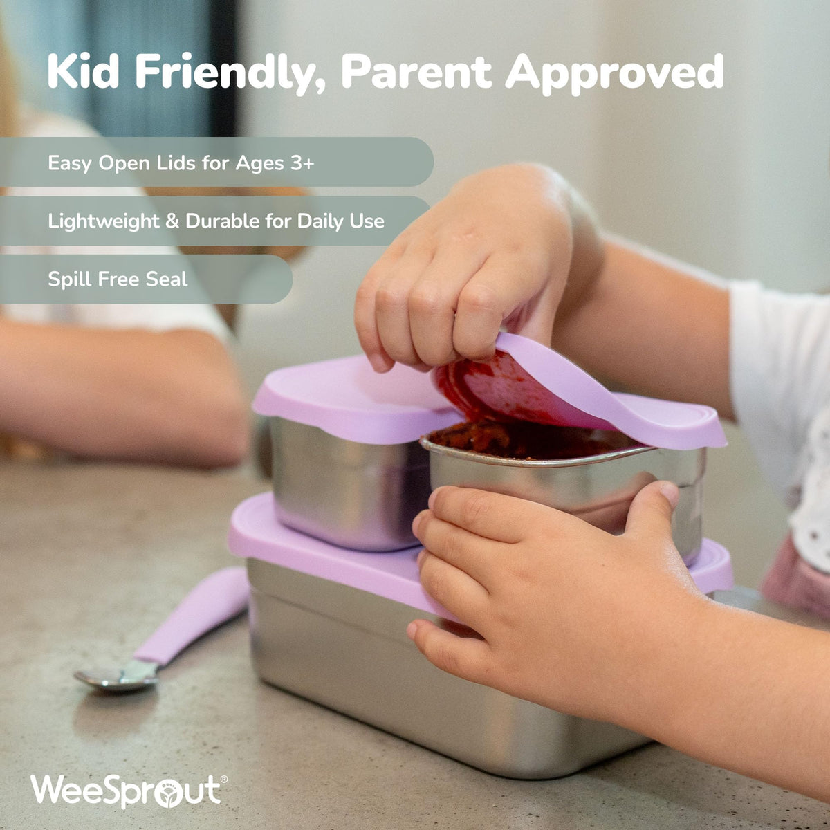 WeeSprout silicone lid close-up highlights airtight seal for fresh meals