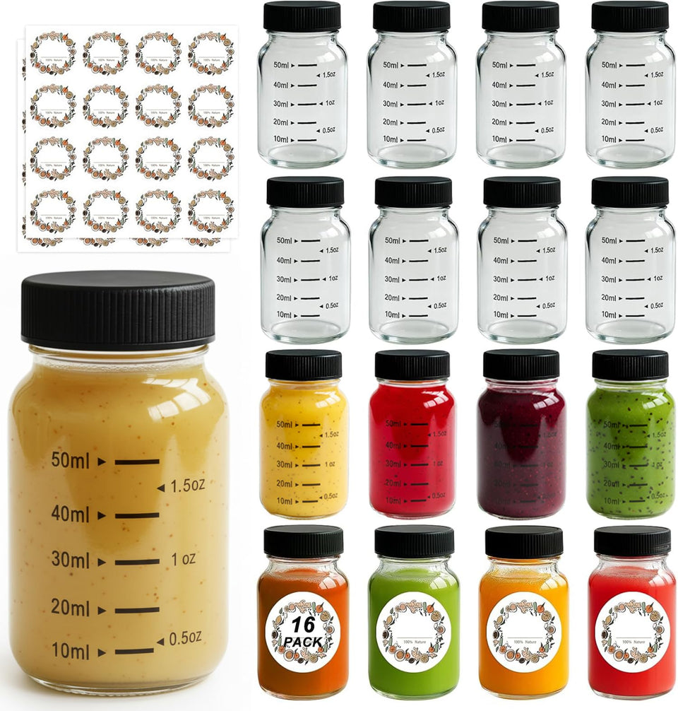 WERTIOO 16-pack glass shot bottles with black caps for leakproof on-the-go use.
