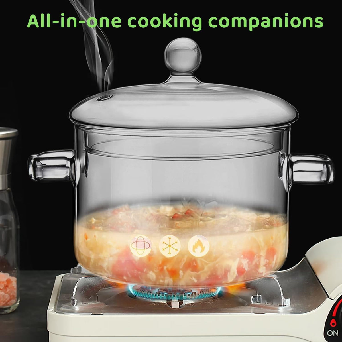 Wetpyaks heat-resistant glass pot ready for stove, oven, microwave.
