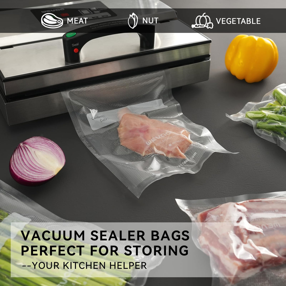 Wevac liquid-block bags close-up highlighting leak-free sealing for juicy foods.