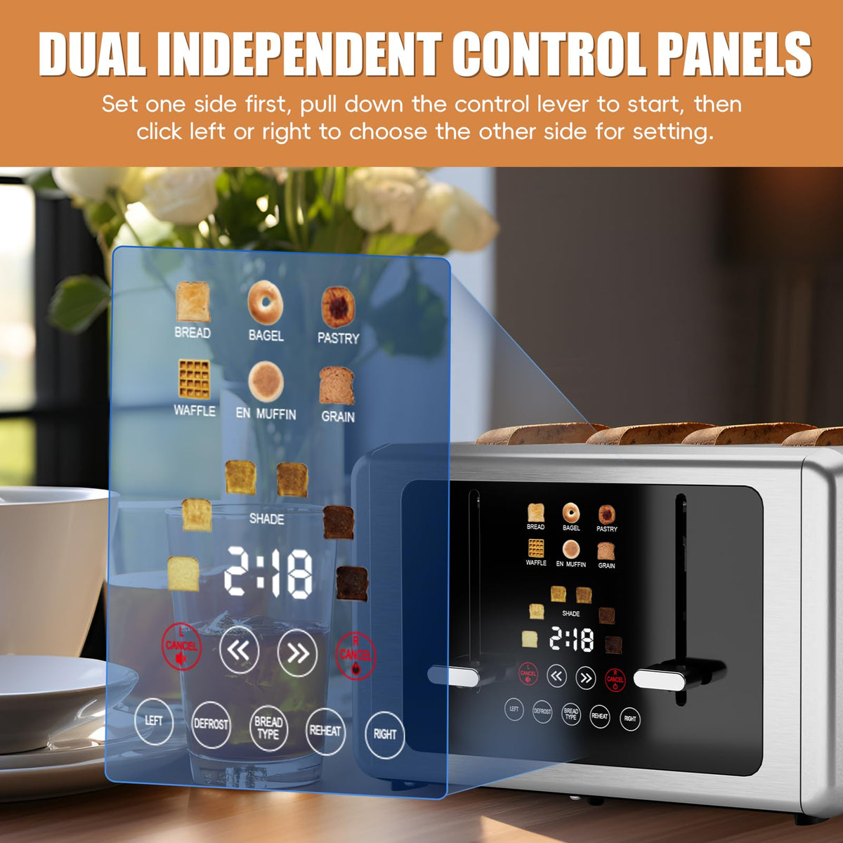 Whall toaster dual independent controls enable two-person customized toasting