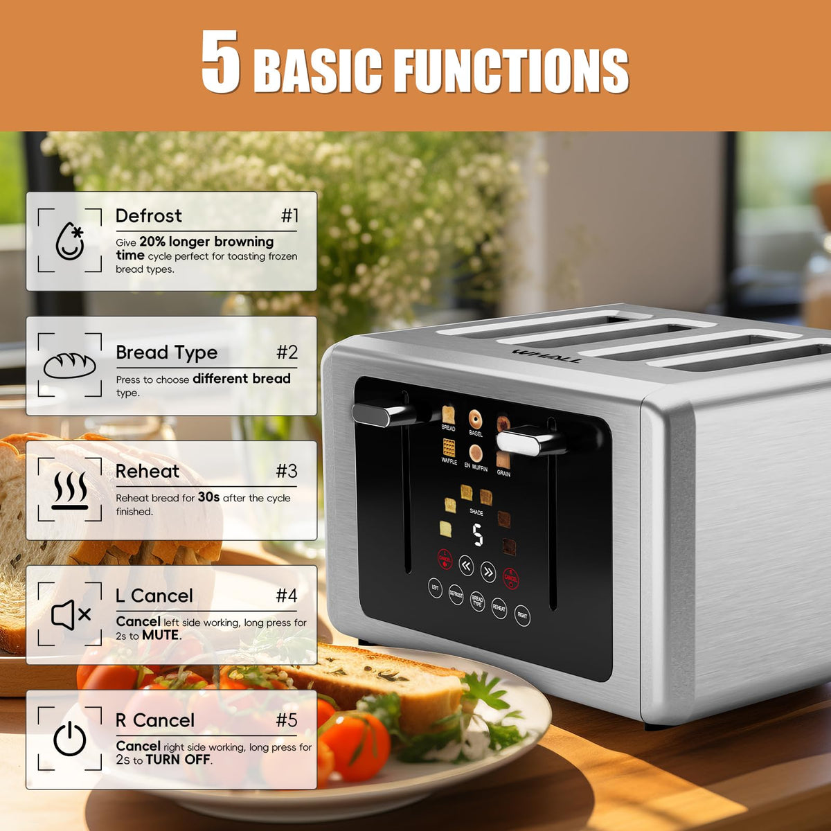 Whall 4 Slice Toaster wide slots for thick slices like bagels