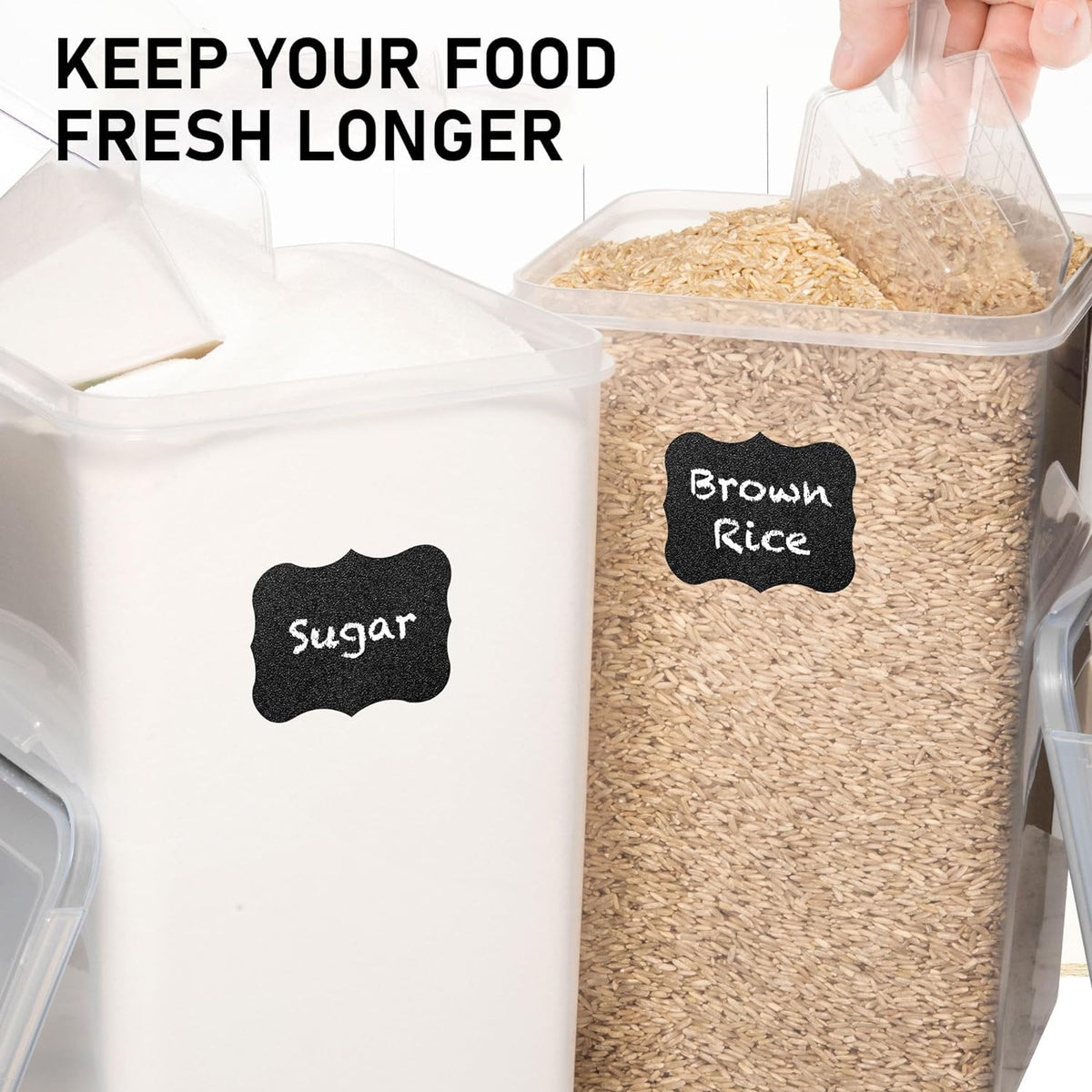 White Feather Supplies sleek, durable kitchen containers fit rice, cereal, flour, and sugar.