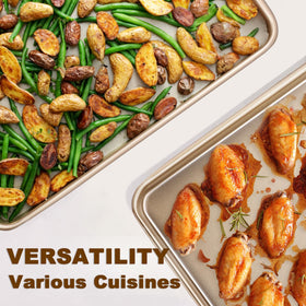 Wildone heavy-duty pans promote even browning for cookies and vegetables.