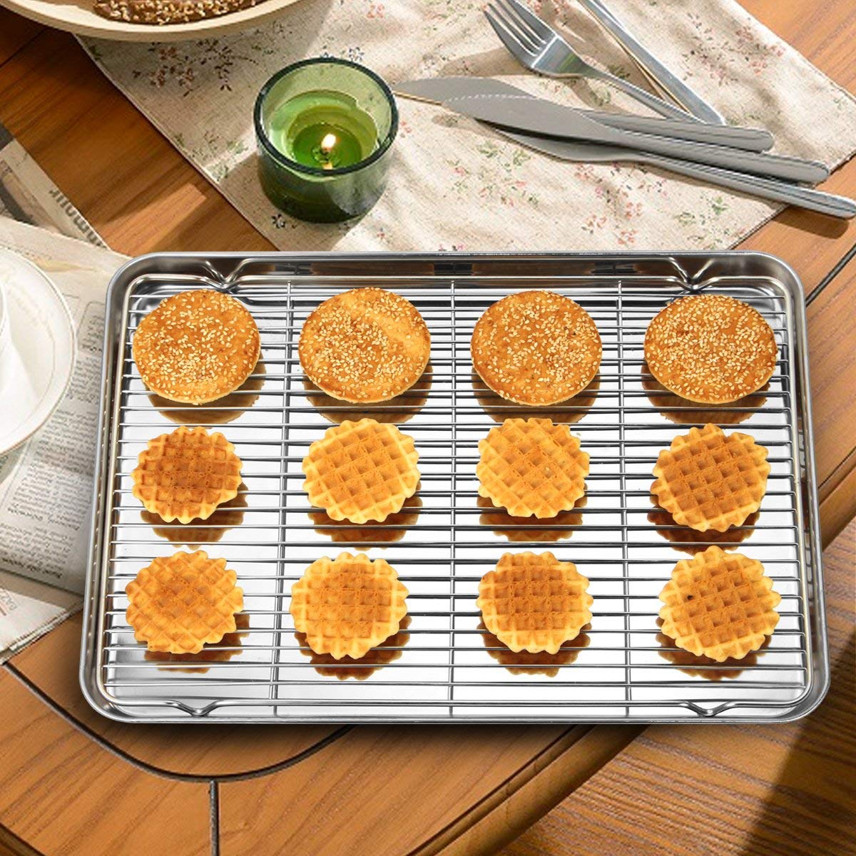 Wildone baking sheet with rack ensures even heating for cookies and pastries.