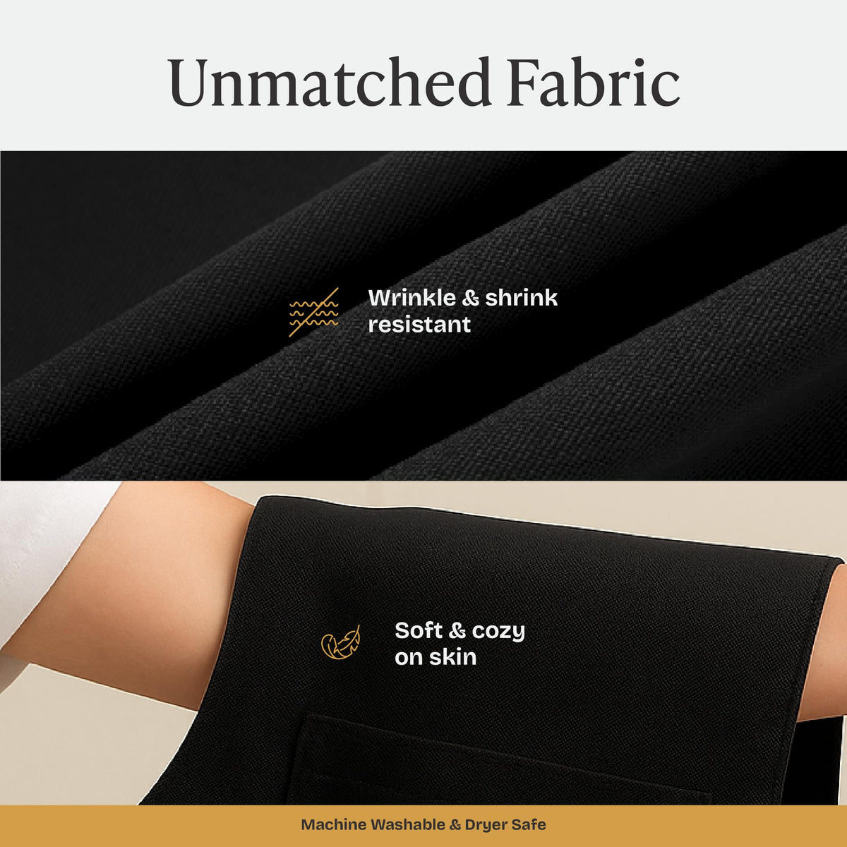 Will Well chef apron, stain-resistant fabric, keeps spills contained.