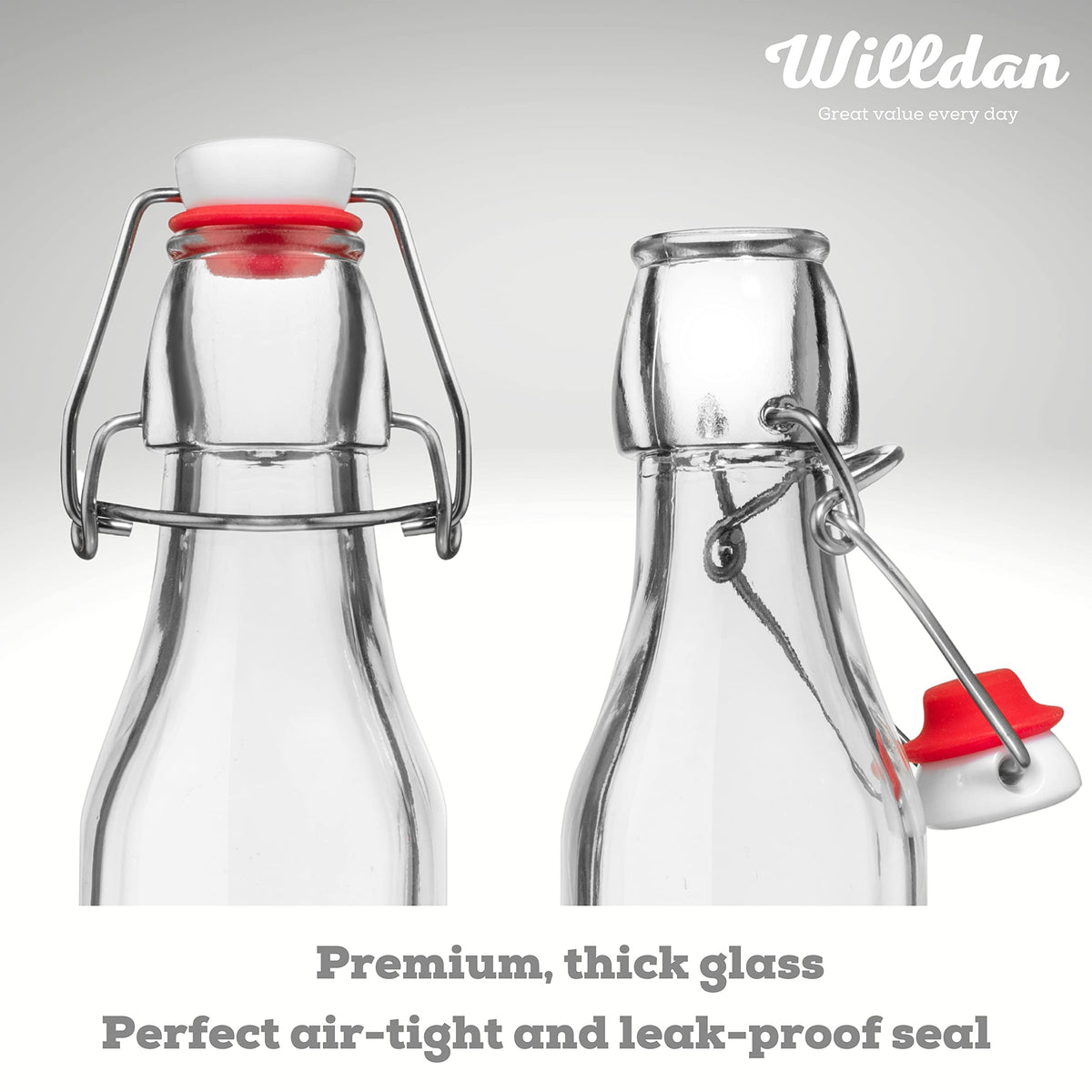 WILLDAN bottles in refrigerator-safe clear glass for cold storage.