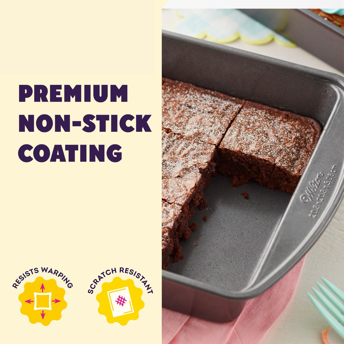 Wilton Gold non-stick 8x8 square pan with care tips for cleaning and maintenance