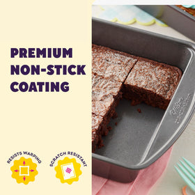 Wilton Gold non-stick 8x8 square pan with care tips for cleaning and maintenance