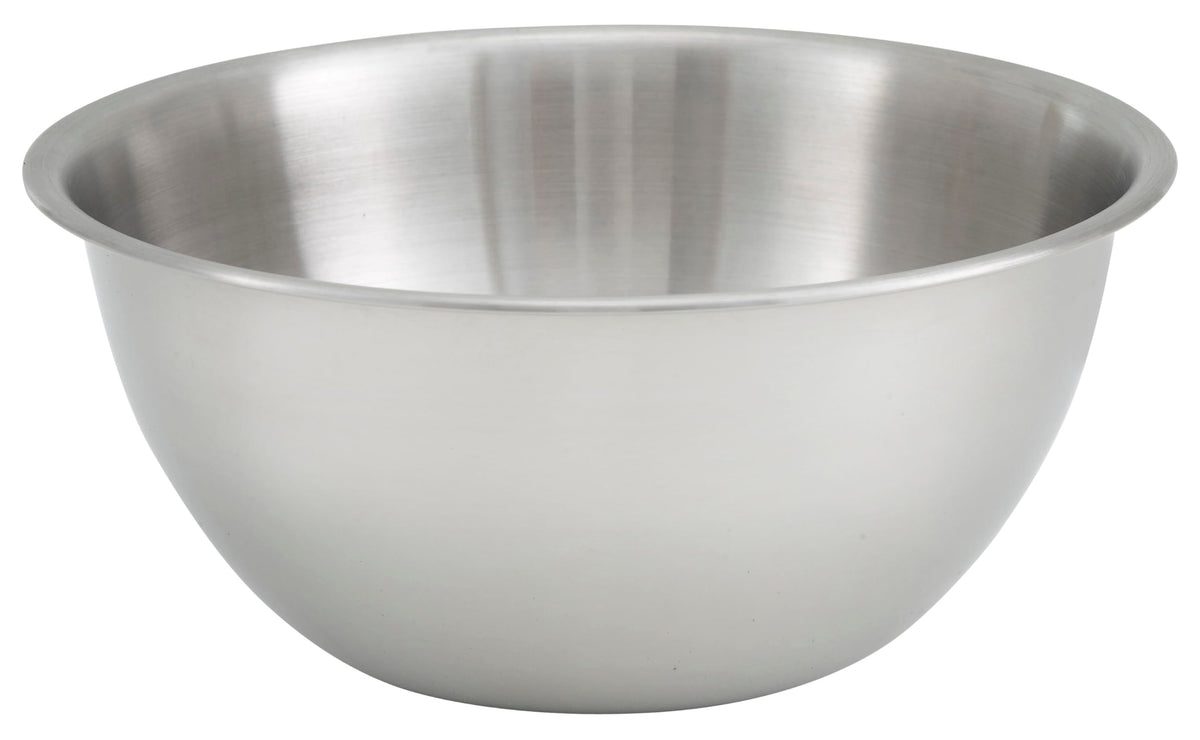 Winco 13-quart deep mixing bowl for large-batch batter prep and sauce mixing.