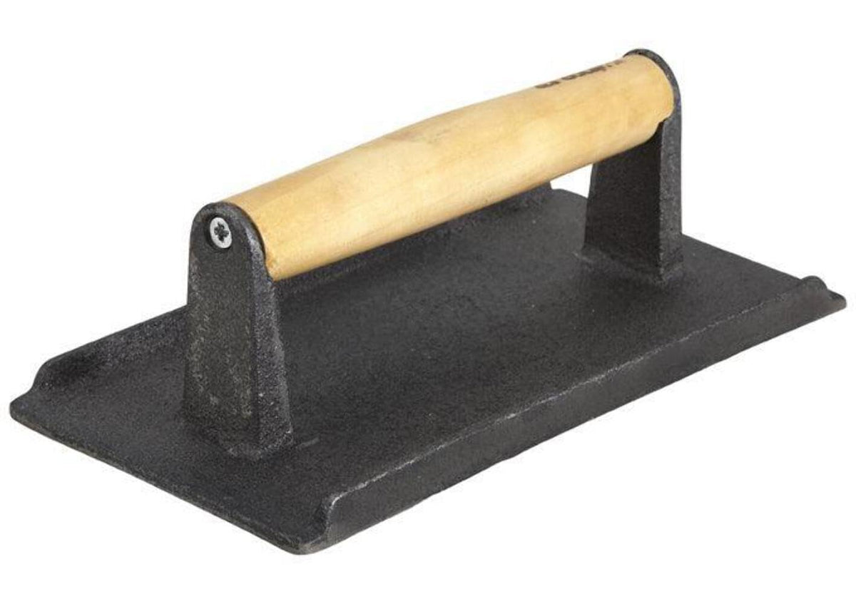 Winco SWA-2 cast iron steak weight, side view, wide surface area supports various steak sizes for even cooking.