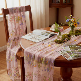 Windkream pink floral embroidery table runner full-length view on long table
