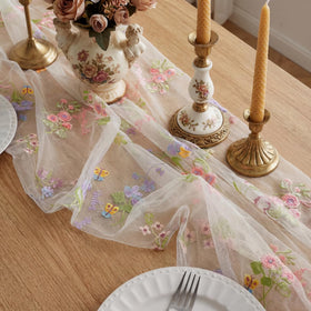 Spring summer dining setup featuring Windkream floral runner