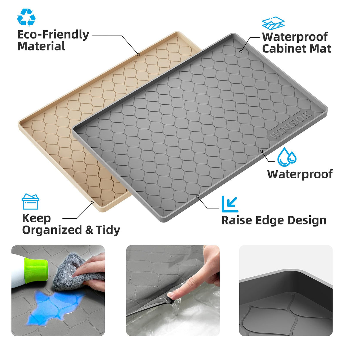 Raised edge on Winisok mat contains liquids and keeps surfaces dry