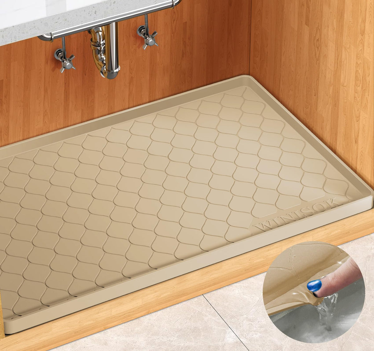 Winisok under sink mat 19x19, front view, durable silicone protection for cabinets.