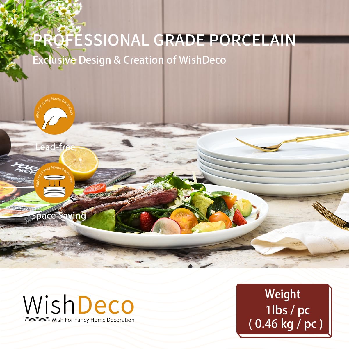 WishDeco close-up of smooth glaze on white porcelain plates for clean presentation.