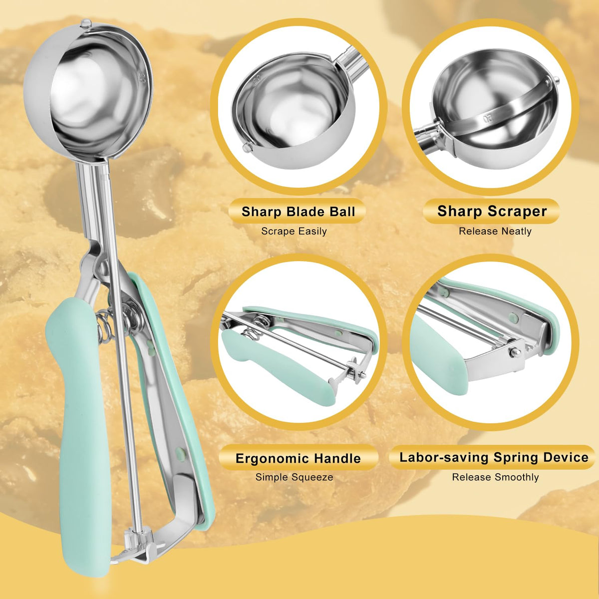Wisvenio large scoop creates 3 Tbsp portions for bigger cookies.