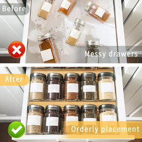 WodGod spice rack installed inside a kitchen drawer supports tidy cabinet storage.