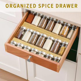 WodGod bamboo spice rack keeps jars neatly arranged for quick spice selection.