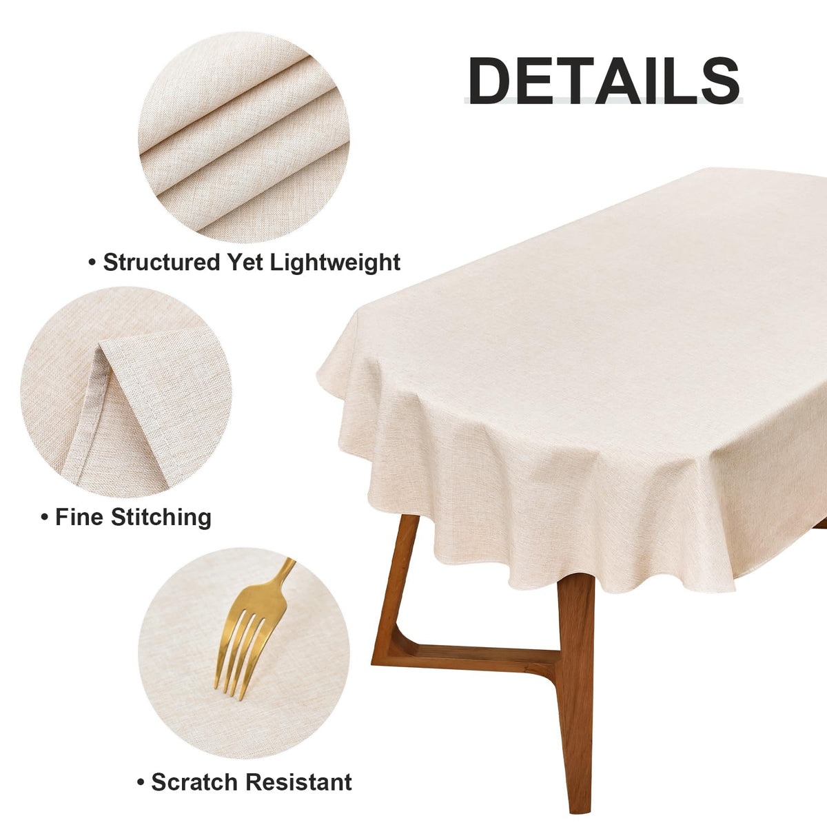 Wolkemer tablecloth care guide image emphasizing machine washable convenience